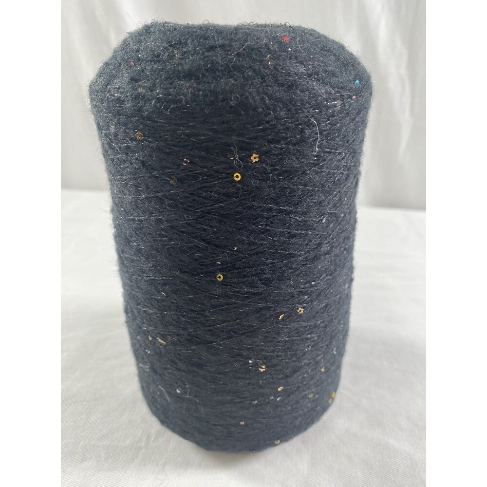 Rare Soft Cone Yarn Spool Yarn Black Mohair Rainbow Flower Sequins 370g NW #729